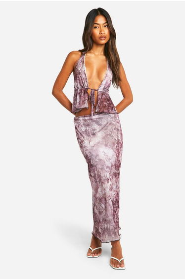 Snake Print Mesh Low Rise Maxi Skirt