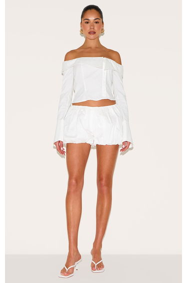 White Linen Blend Bardot Button Up Shirt