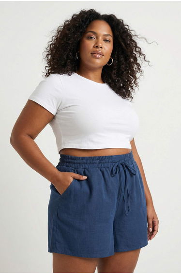 Beach Wear Navy Blue Muslin Woven High Waist Shorts & Bermuda