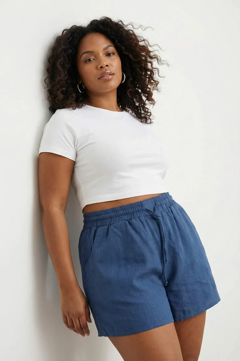 Beach Wear Navy Blue Muslin Woven High Waist Shorts & Bermuda - 5