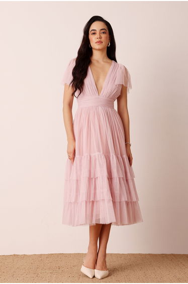 Madison Powder Pink Midi Bridesmaid Dress