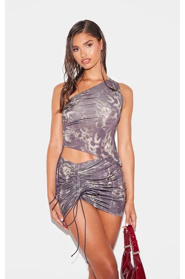 Grey Leopard Print Ruched Asymmetric One Shoulder Top