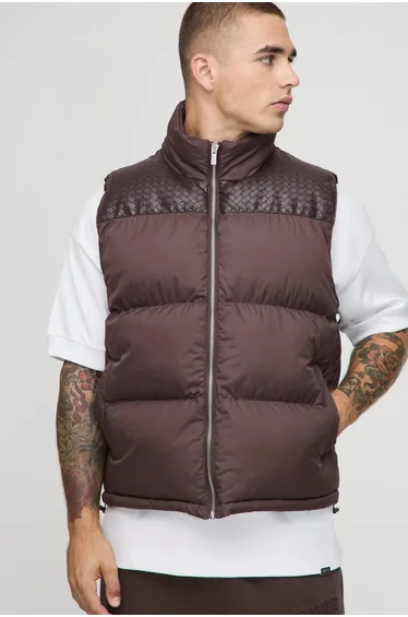 Regular Fit PU Yoke Nylon Panel Gilet - chocolate