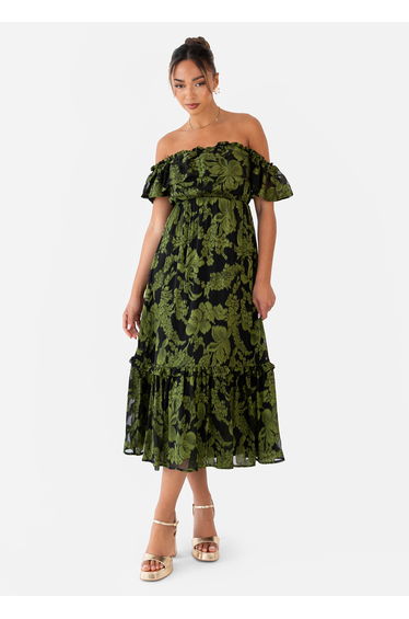 Maya Green Floral Jacquard Bardot Midaxi Dress