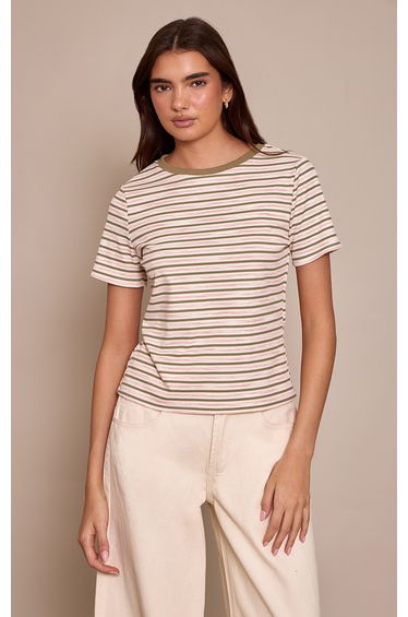 Khaki Soft Rib Striped Detail Fitted Short Sleeve Top