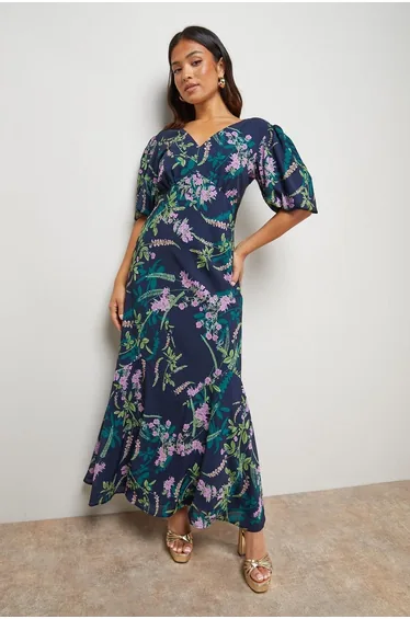 Petite Printed Chiffon Puff Sleeve Fishtail Midaxi Dress