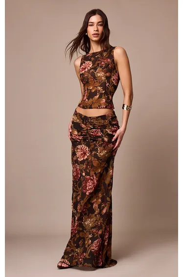 Black Floral Printed Chiffon Ruched Detail Maxi Skirt