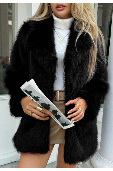 Fashionable Side Pockets Faux Fur Coat in Black