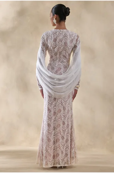 Nabina | White Lace Crew-Neck Maxi Dress With Draped Back-Detail