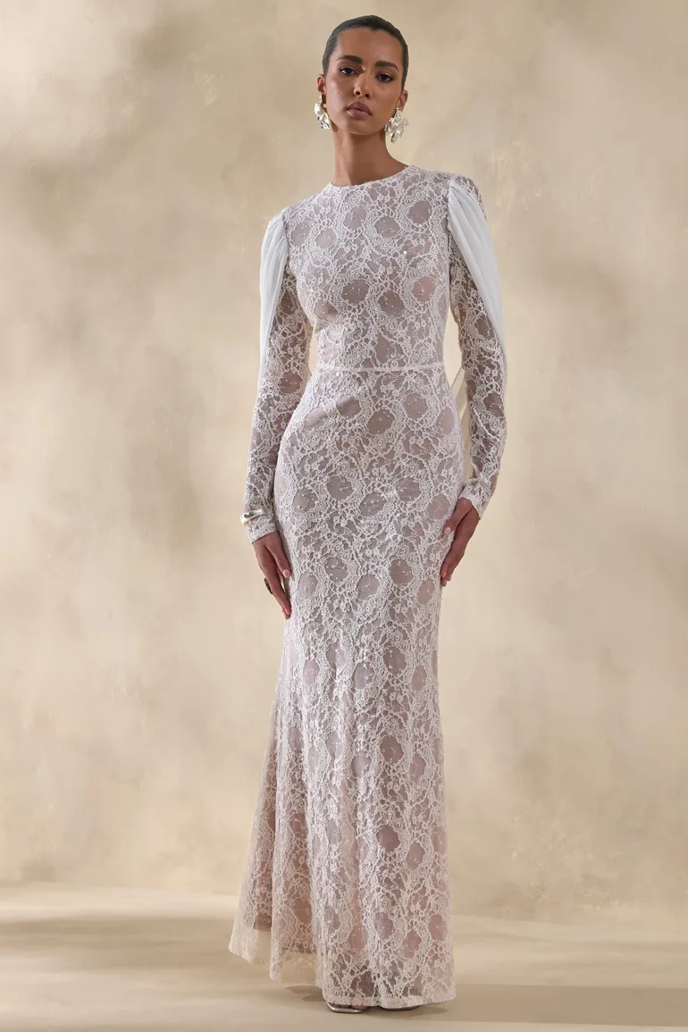 Nabina | White Lace Crew-Neck Maxi Dress With Draped Back-Detail