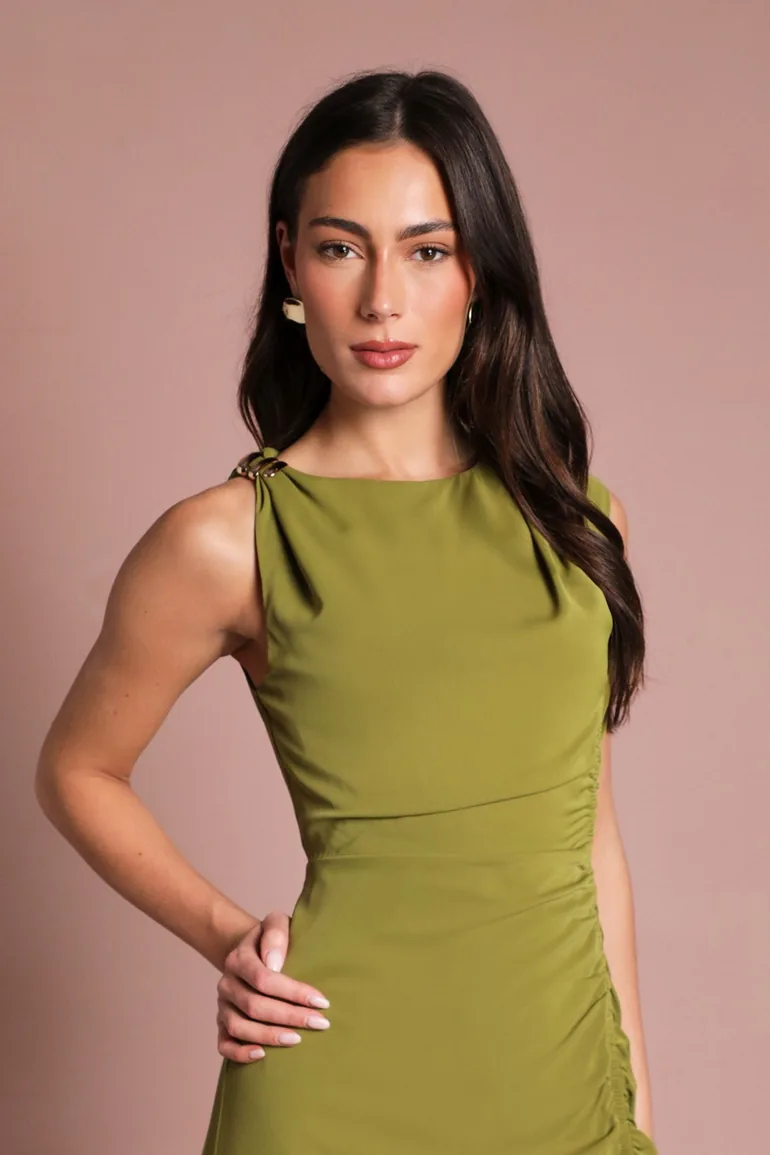Sleeveless Ruched Midi Dress With Buckle Detail - 1