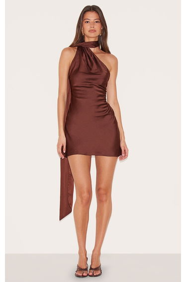 Chocolate Satin Scarf Detail Bodycon Dress