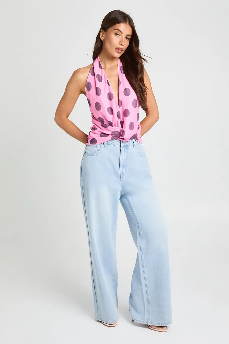 Polka Dot Mesh Twist Front Top - pink