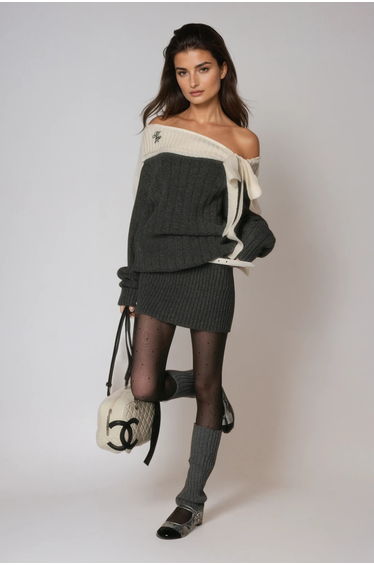 Devi Off Shoulder Bow Knit Mini Dress In Grey