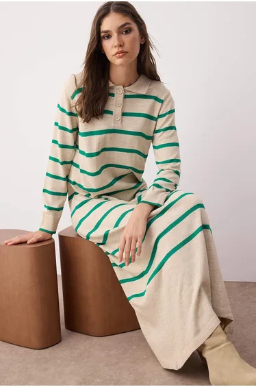 Beige Column Maxi Jumper Dress with Long Sleeves