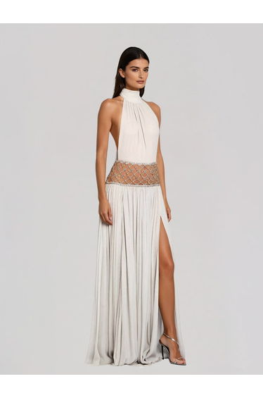 Altoir Halterneck Ruched Crystal Maxi Dress In White