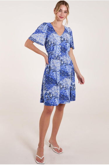 Shirred Waist Button Front Patchwork Mini Dress
