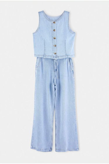 Light Blue 100% Tencel Blouse Wide Leg Jeans Denim Bottom - Top Set