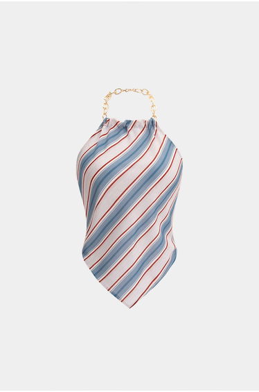 Stripes Print Metallic Chain Halter Neck Backless Ruched Tie-Up Tank Top