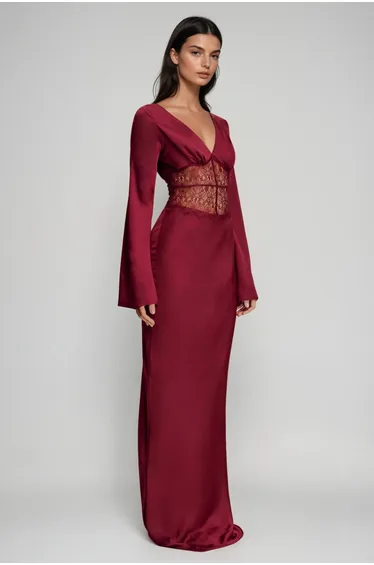 Bowie Long Sleeve Lace Plunge Maxi Dress