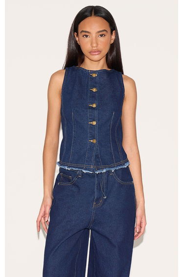 Petite Indigo Denim Sleeveless Fitted Longline Waistcoat