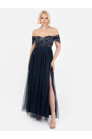 Maya Navy Embellished Sweetheart Bardot Maxi Dress with Skirt Split