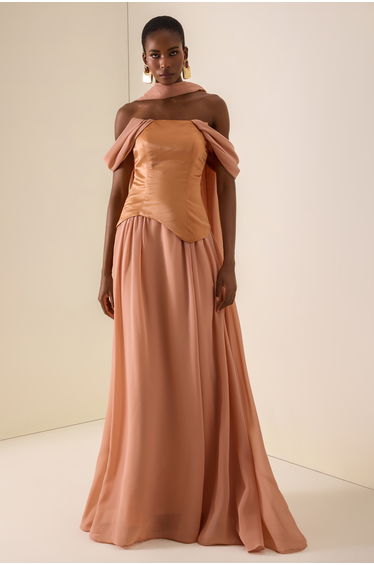 Ruched Off Shoulder Maxi Dress With Ribbon