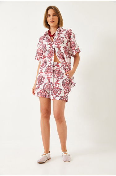 Women's Tropical Patterned Woven Shirt Shorts Bottom-Top Set