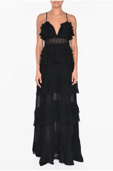 فستان ماكسي بطبقات متدرجة بكشكش بياقة عميقة - أسود