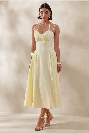Audrey | Lemon Sweetheart-Neck Midi Dress With Ruching Detail