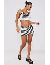 Black Stripe Textured Rib Open Tie Back Cowl Neck Crop Top - 2