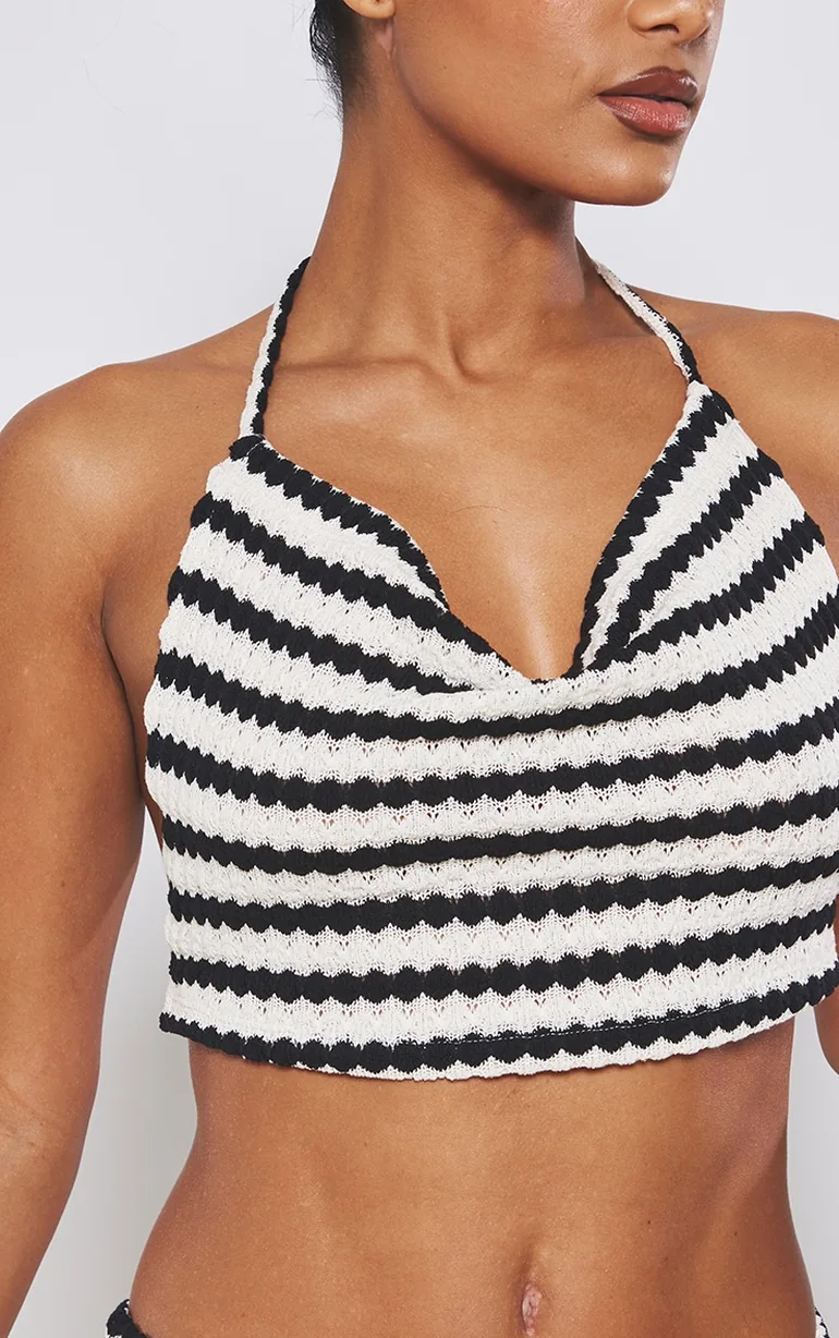 Black Stripe Textured Rib Open Tie Back Cowl Neck Crop Top - 3