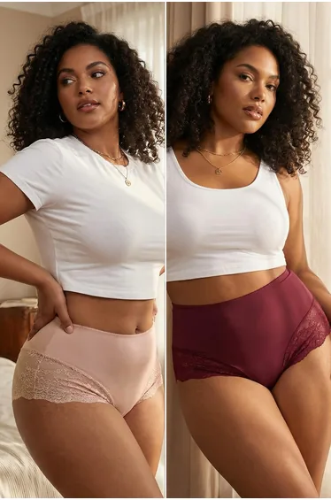 Burgundy-tan 2-pack high-waisted lace-trimmed soft knit stretch classic plus size panties