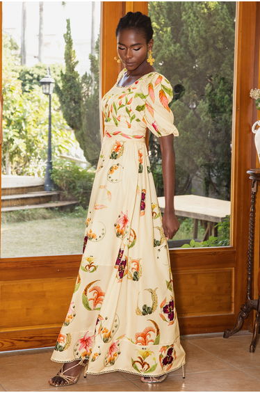 Nadine Floral Embroidery Square Collar Midi Dress