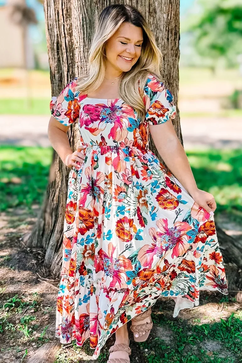 Lvness Plus Size White Floral Square Neck Puff Sleeve Flowy Midi Dress - 1