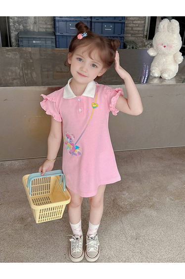 Girls Pink Ruffle Detail Polo Neck Dress