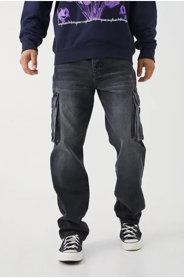 Relaxed Rigid Cargo Jeans - washed black
