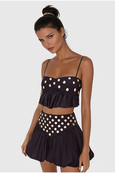 Calogera Cutout Embellished Ruch Skirt Set In Black