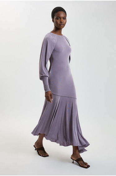 Drapey Crepe V Neck Back Sleeved Maxi Dress