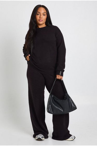 Plus Crew Neck Knit Jumper And Wide Leg Trouser Set - black