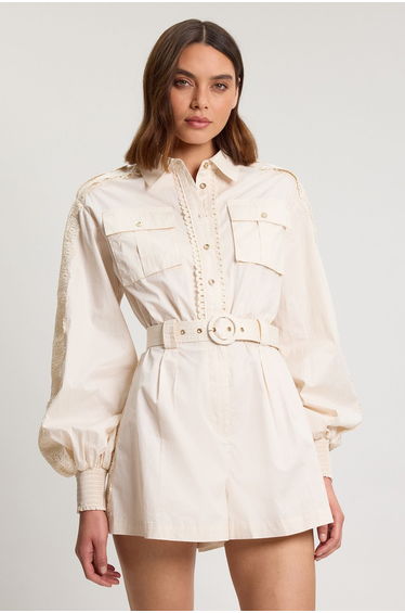 Cotton Sateen With Lace Trim Pocket Detail Playsuit