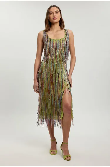 Hand Beaded Tassel Midi Dress