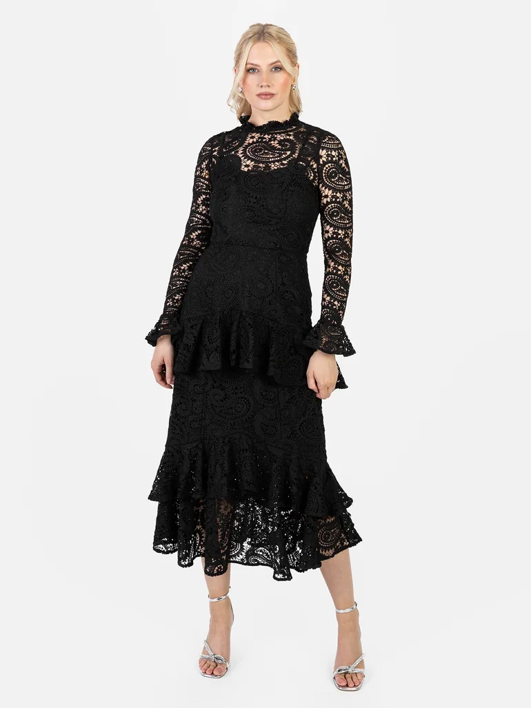 Maya Black Lace High Neck Long Sleeve Ruffle Midaxi Dress Maya Deluxe Black  : Premium Dresses : VogaCloset Oman
