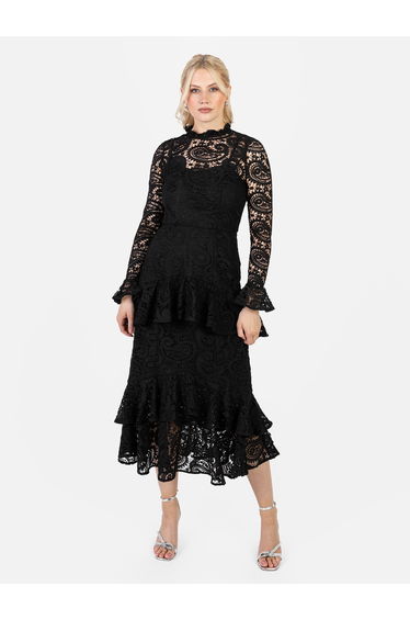 Maya Black Lace High Neck Long Sleeve Ruffle Midaxi Dress