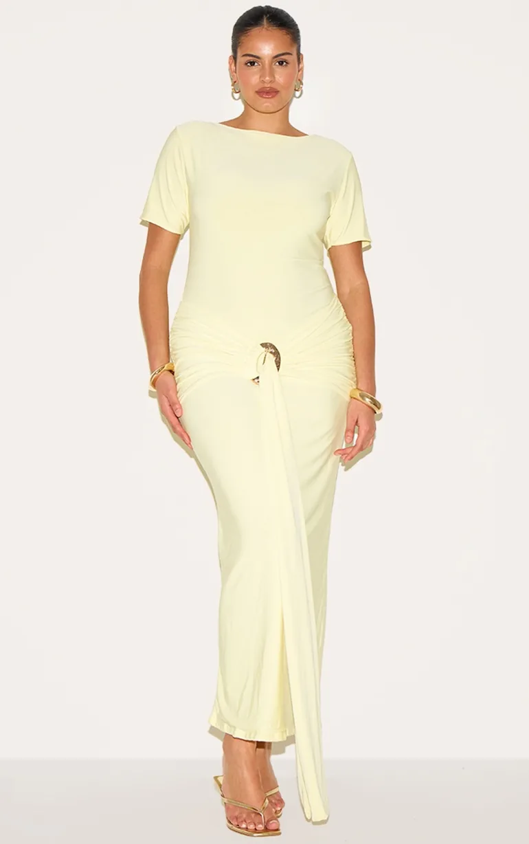 Plus Butter Yellow Boat Neck Wrap Waist Detail Maxi Dress