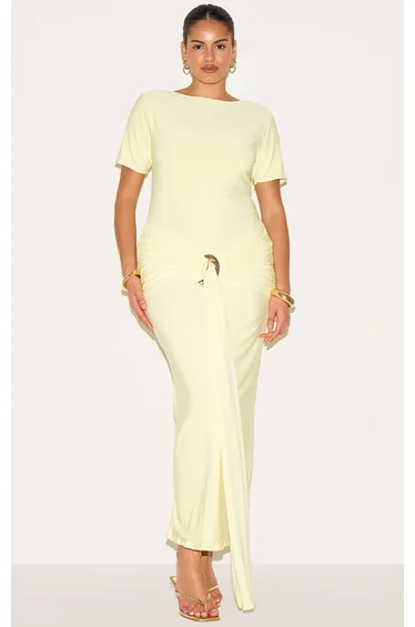 Plus Butter Yellow Boat Neck Wrap Waist Detail Maxi Dress