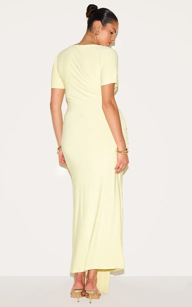 Plus Butter Yellow Boat Neck Wrap Waist Detail Maxi Dress - 1
