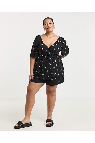 Black Ditsy Crinkle Short Sleeve Blouse