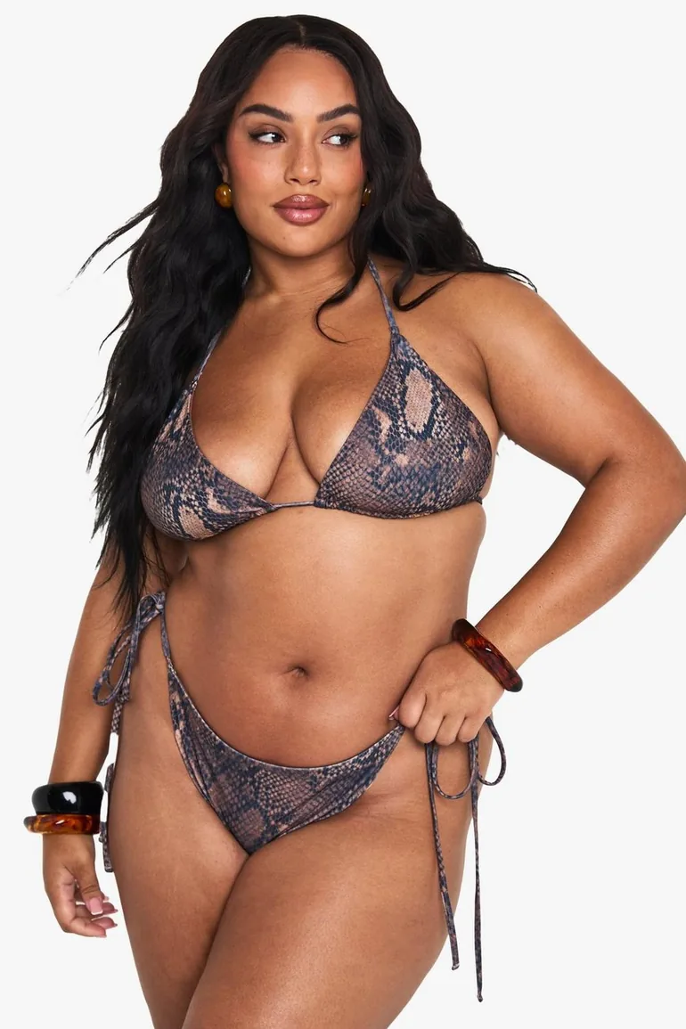 Plus Snake Print Tie Side Triangle Bikini Bottoms - snake