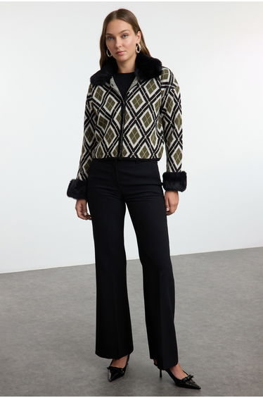 Black Detachable Faux Fur Glittery Knitted Cardigan